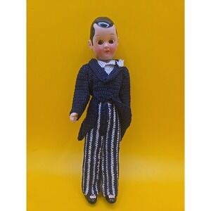 vtg 1940s Santa Claus Land House of Dolls Crochet Boy Man Doll Tuxedo Celluloid